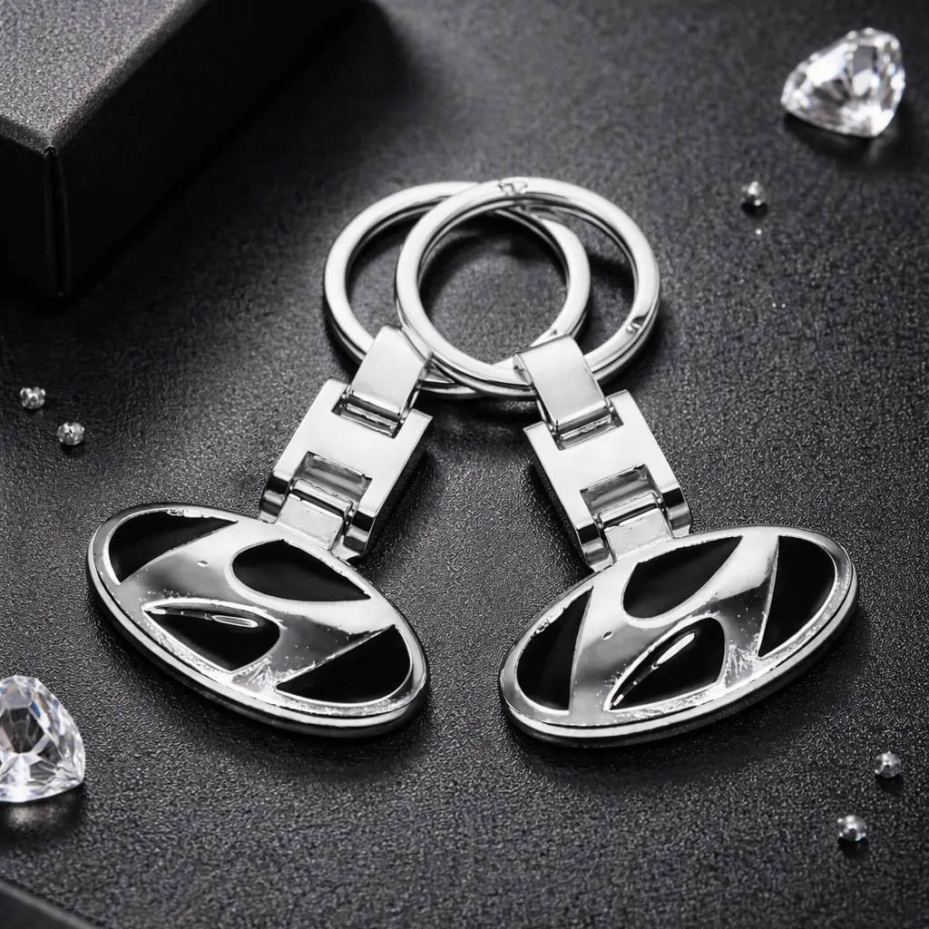 Set 2 Brelocuri Hyundai Premium 3D, Metalic, Doua Fete, Magrot 26001 3 Set cadou 2 brelocuri Hyundai de lux din metal rezistent cu detalii premium